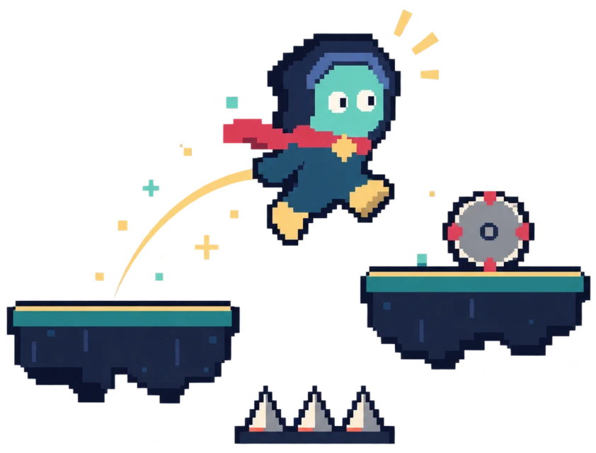 Sneaky Steps character jumping over spikes toward a platform guarded by a roller