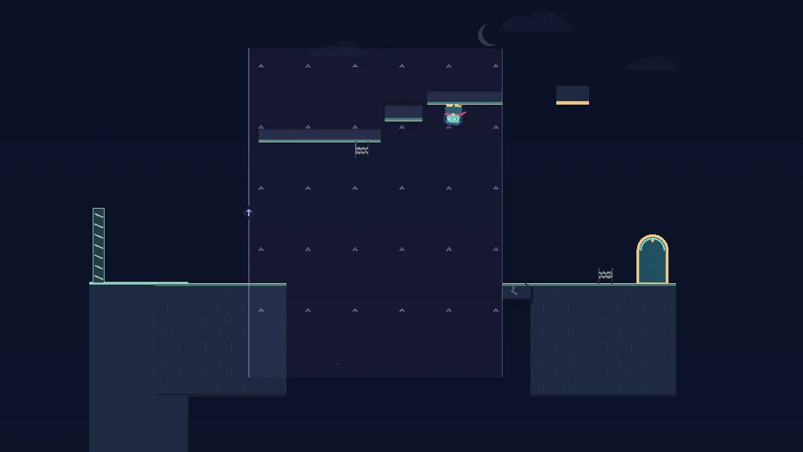 Sneaky Steps character walking on the ceiling in an inverted-gravity chamber