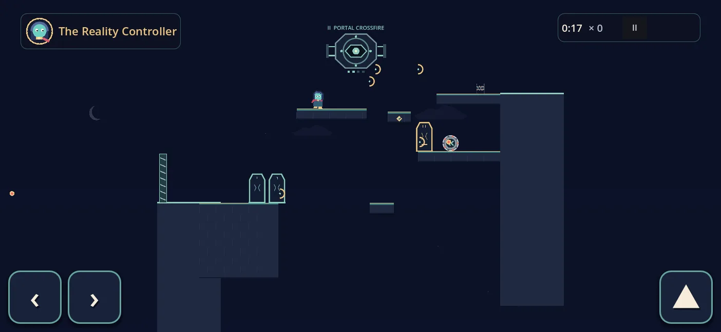 The Reality Controller firing projectiles across portals, platforms, and a roller hazard